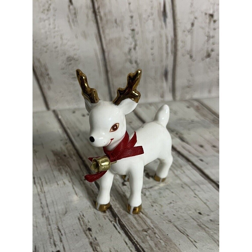 Vintage Enesco Deer Figurine Porcelain Glossy White Gold Christmas